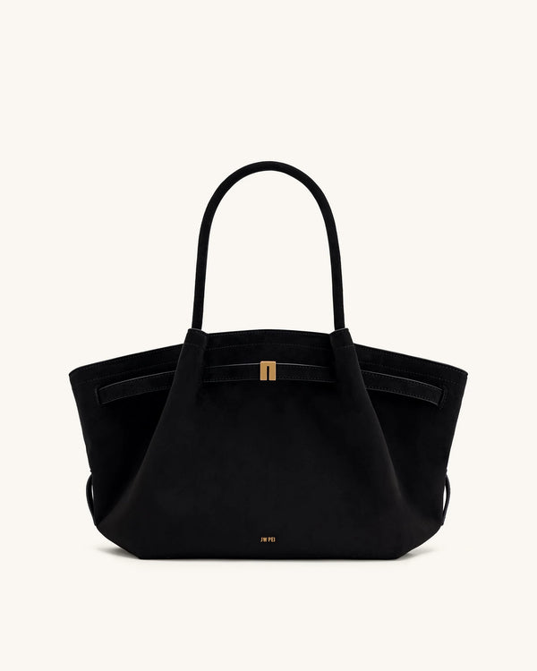 Hana Medium Suede Faux Leather Tote Bag - Black