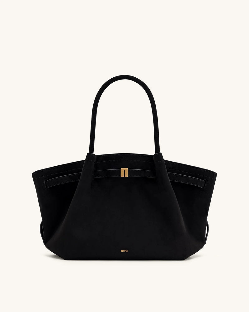 Hana Medium Suede Faux Leather Tote Bag - Black