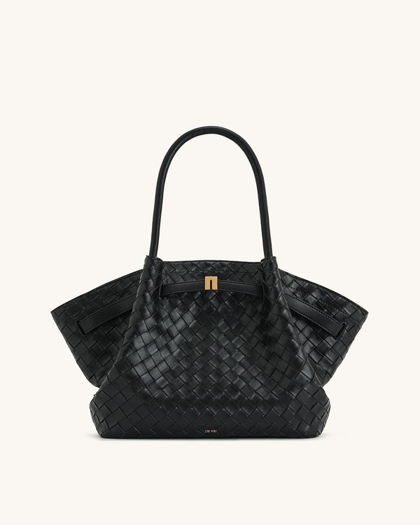 Hana Medium Tote Bag with Woven Texture – Black