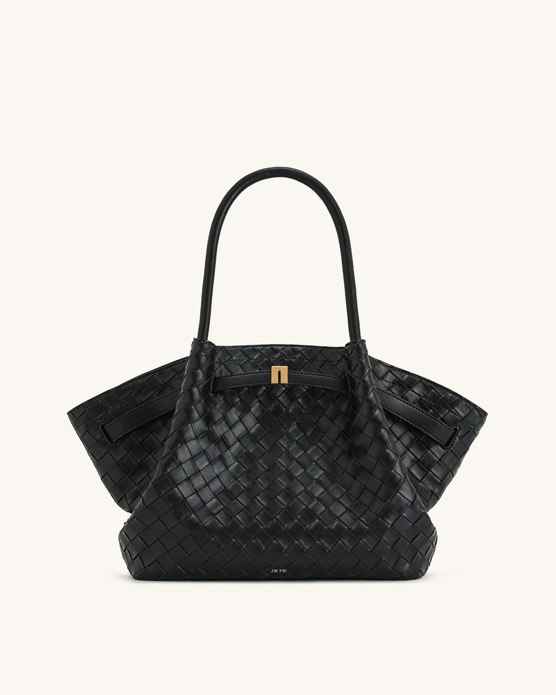 Hana Medium Tote Bag with Woven Texture – Black