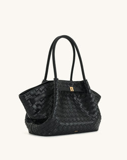 Hana Medium Tote Bag with Woven Texture – Black