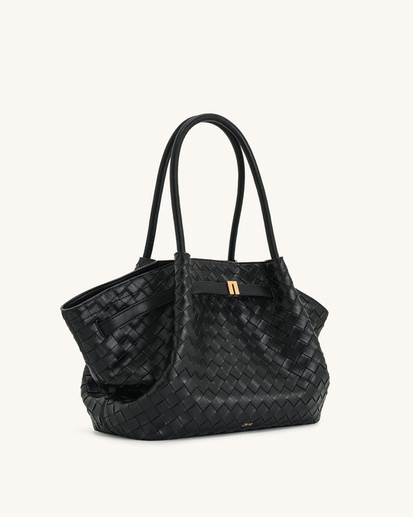 Hana Medium Tote Bag with Woven Texture – Black